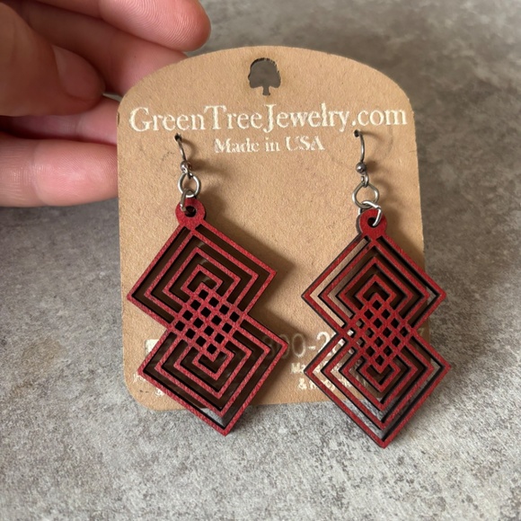 Green Tree Jewelry Earrings Lightweight Laser Cut Wood 2 pairs - Picture 3 of 11